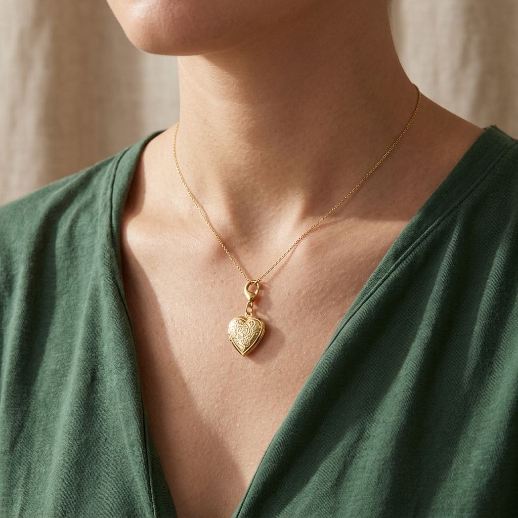 Close-up of a dreamy heart frame charm hanging on a fine chain against a neutral textured fabric, highlighting its stainless steel surface and delicate design.