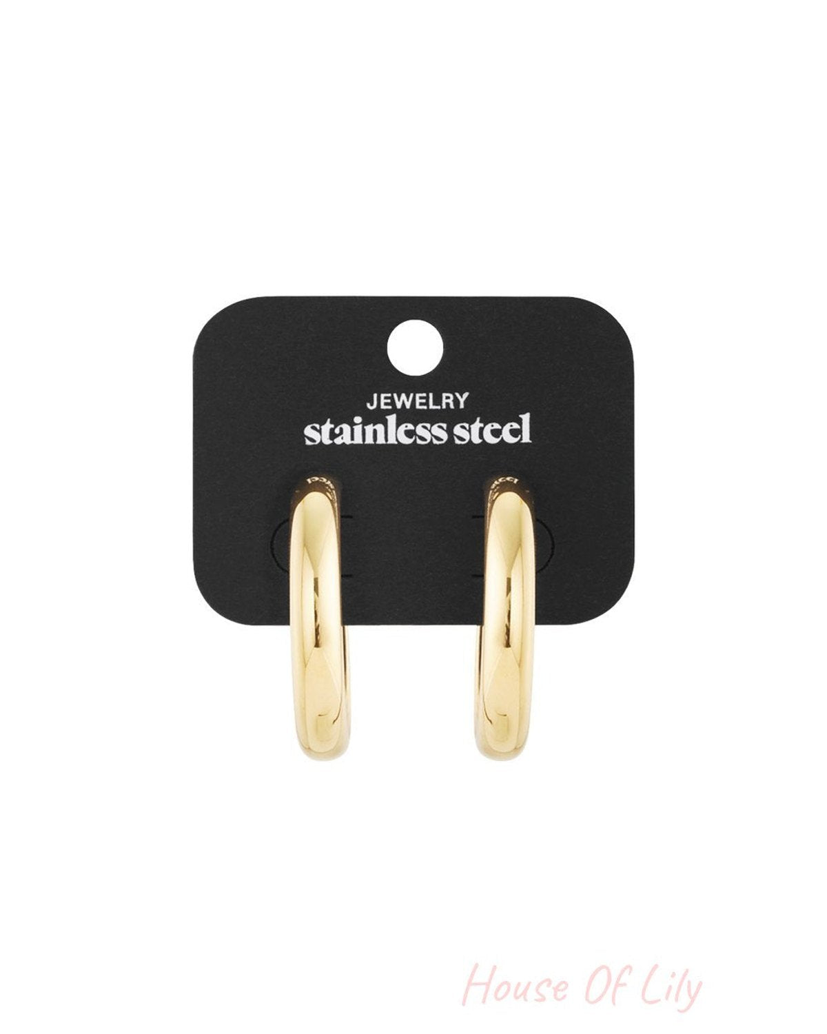 Iconic Chunky Gold Hoops made of polished stainless steel on a black display card.