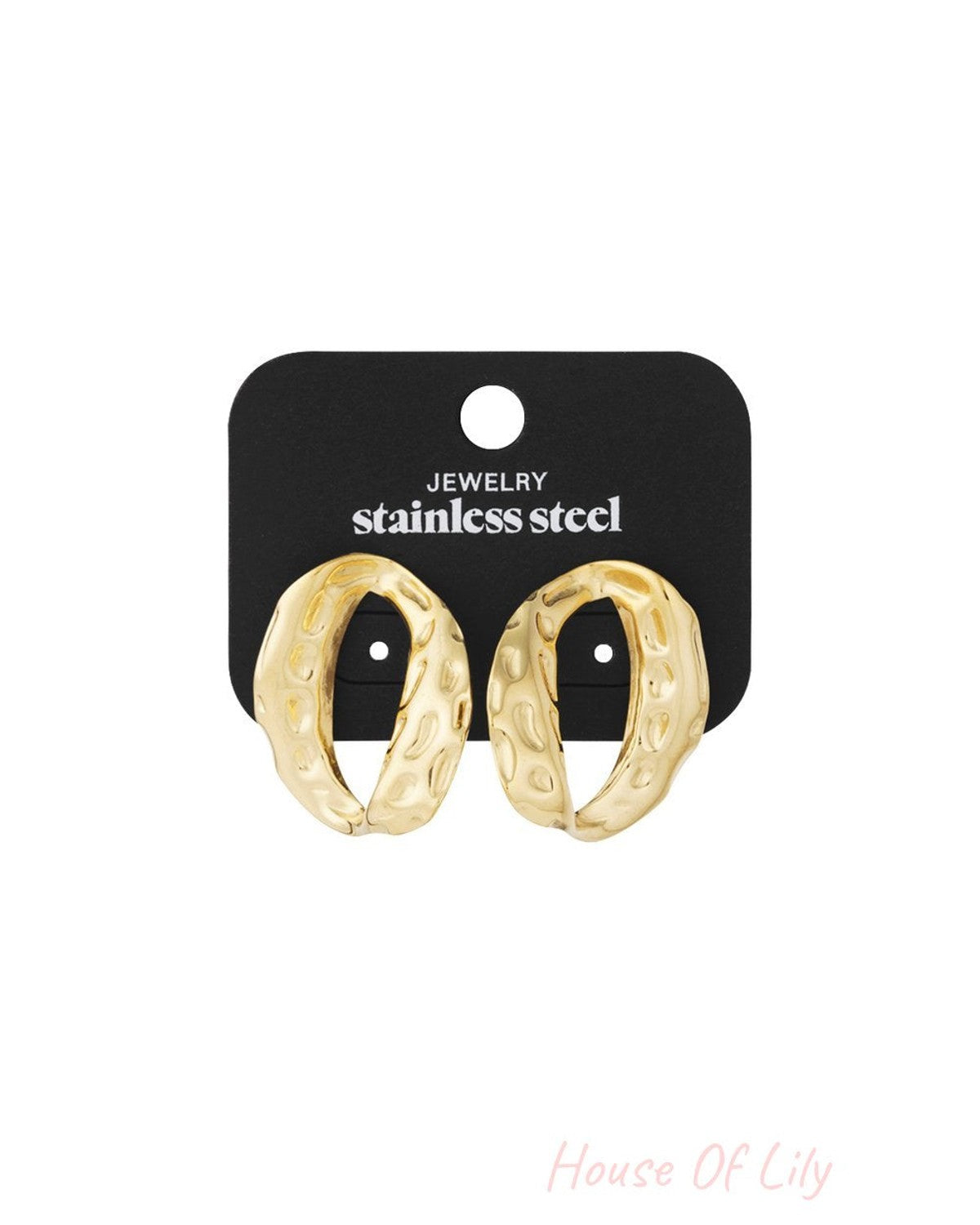 Glow Up Nuggets gold stainless steel hoop earrings with an irregular, hammered textured finish on a jewelry card.