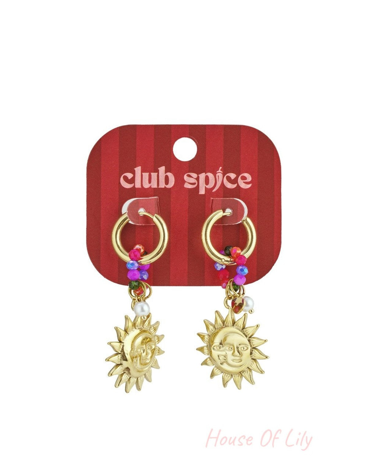 Sunny Drip Era gold hoop earrings featuring colorful beaded accents and a sun face charm, displayed on branded card.
