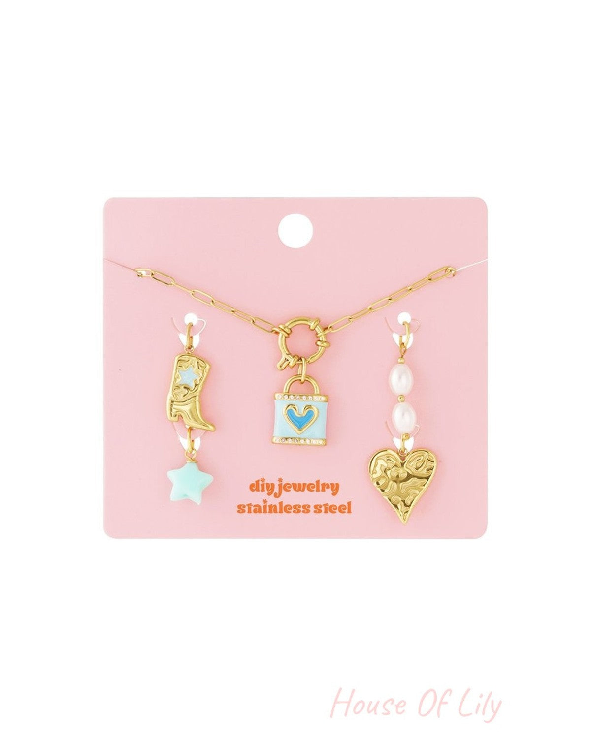 Blue Heart Energy: Gold stainless steel DIY necklace kit with blue enamel heart lock, cowboy boot, and pearl charms.