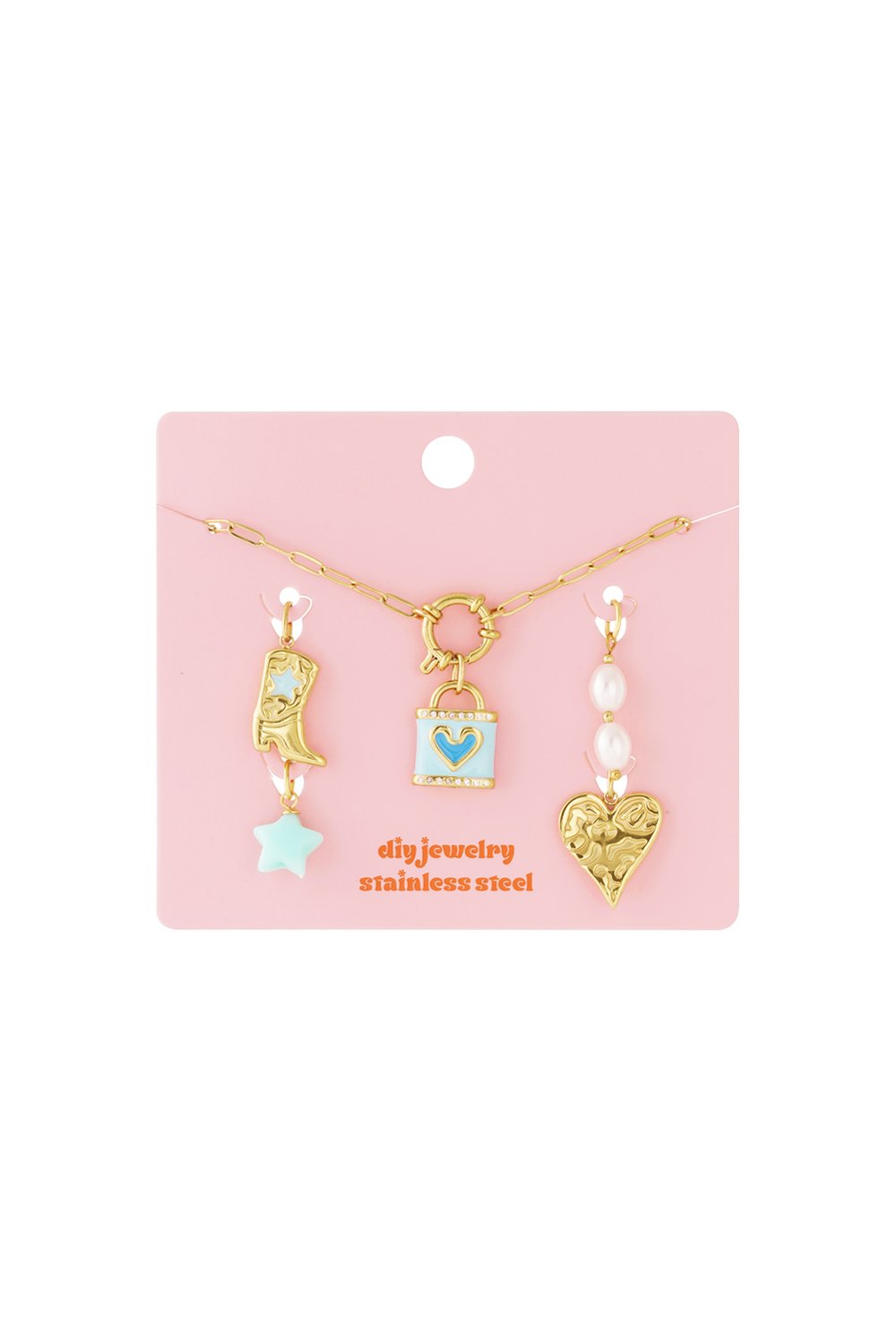 Blue Heart Energy: Gold stainless steel DIY necklace kit with blue enamel heart lock, cowboy boot, and pearl charms.