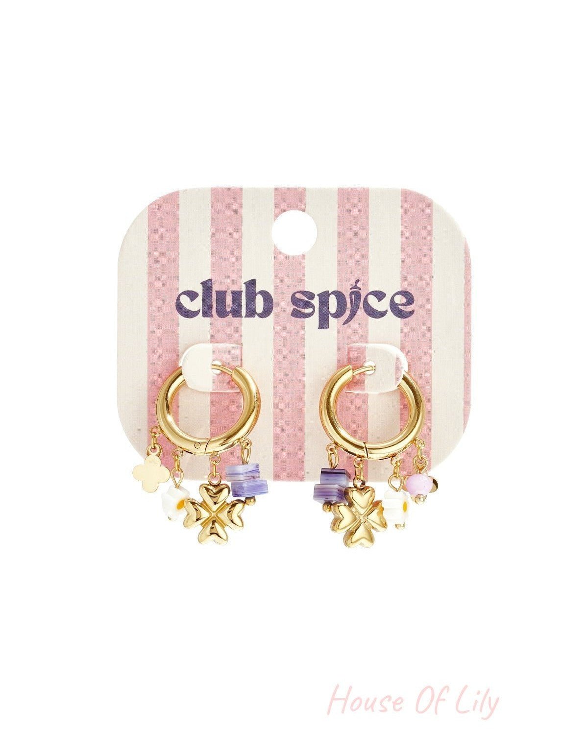 Gold hoop earrings displayed on pink and white striped Club Spice branded card with dangling purple, white, and gold charms