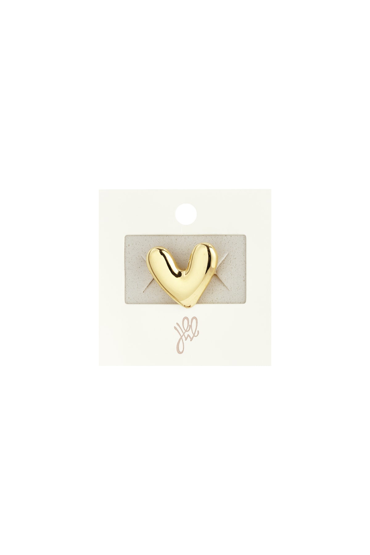 Gold chubby heart-shaped statement ring displayed on branded jewelry card packaging