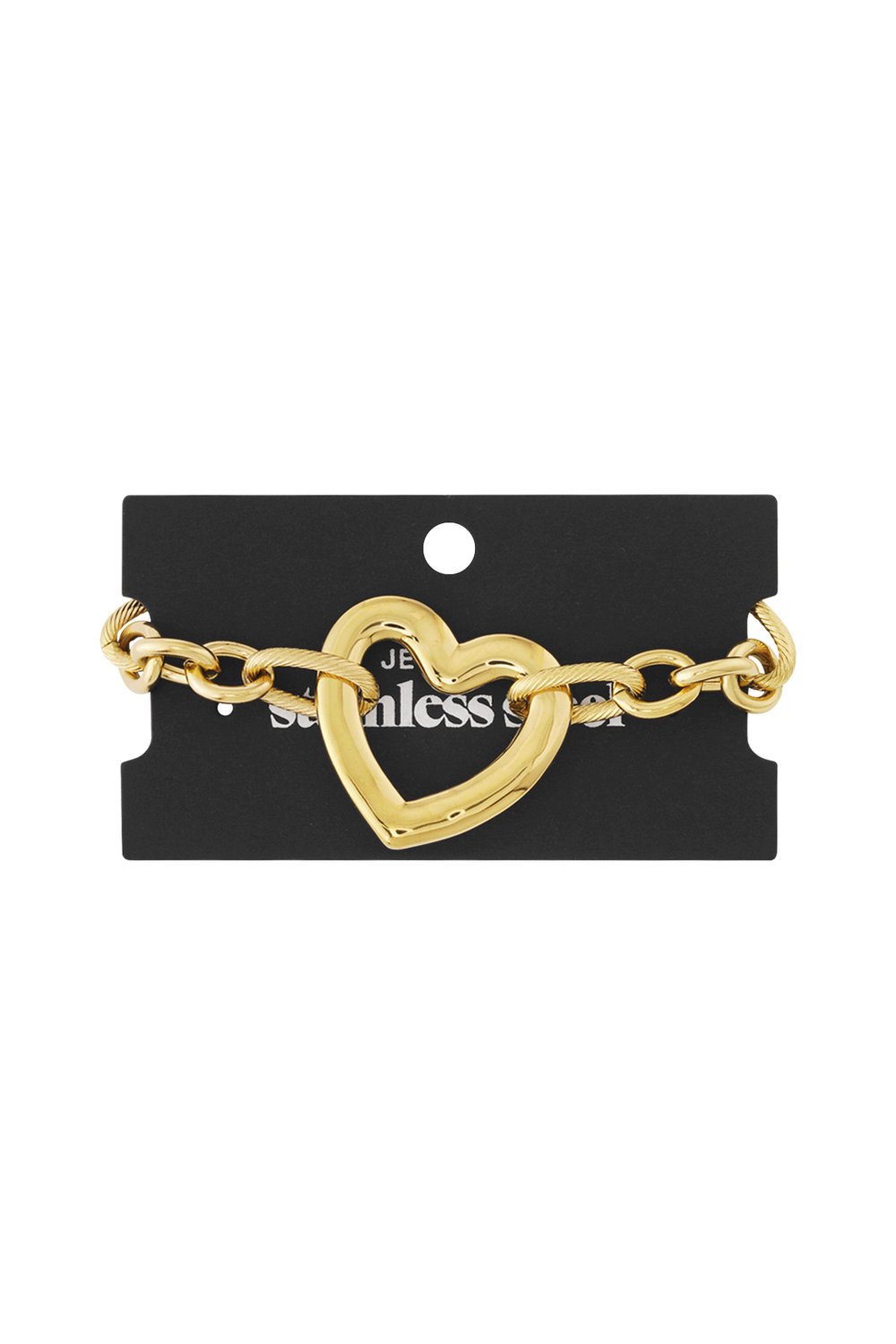 Gold-tone chunky heart charm bracelet on a black display card, featuring a textured link chain.