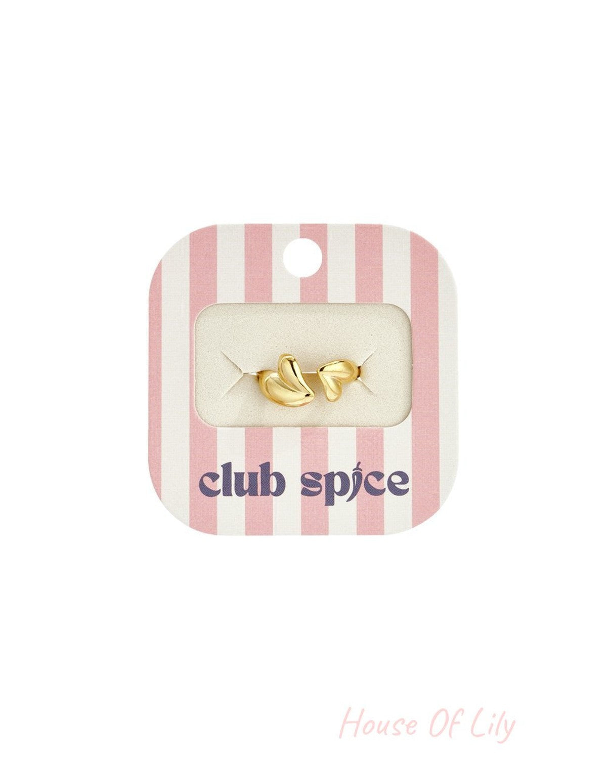 Gold Bubbly Heart Stacker ring on a pink and white striped Club Spice display card.