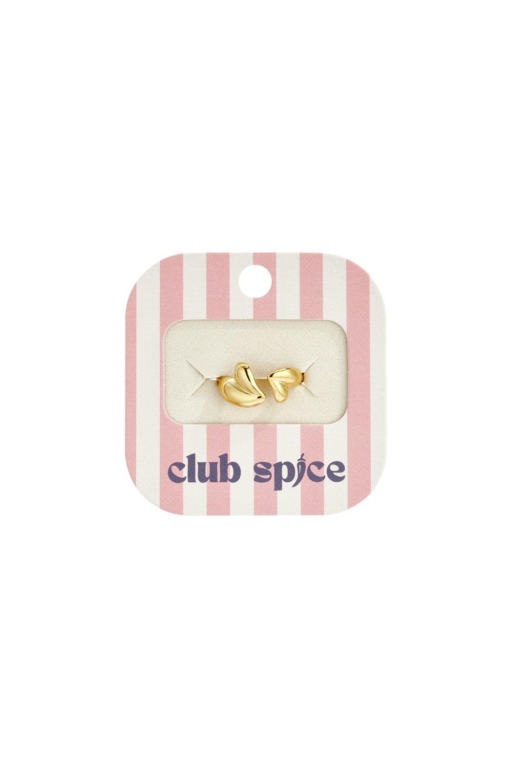 Gold Bubbly Heart Stacker ring on a pink and white striped Club Spice display card.