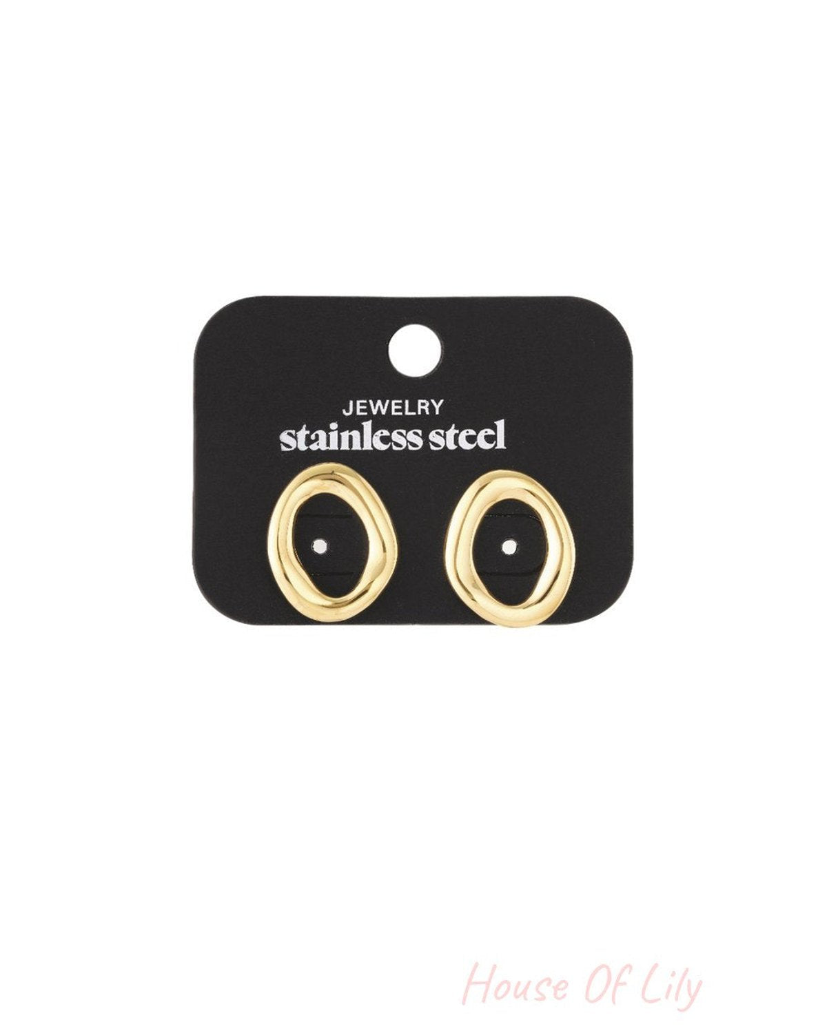Vibe Check Ovals: Gold-tone, organic-shaped stainless steel stud earrings displayed on a black backing card.