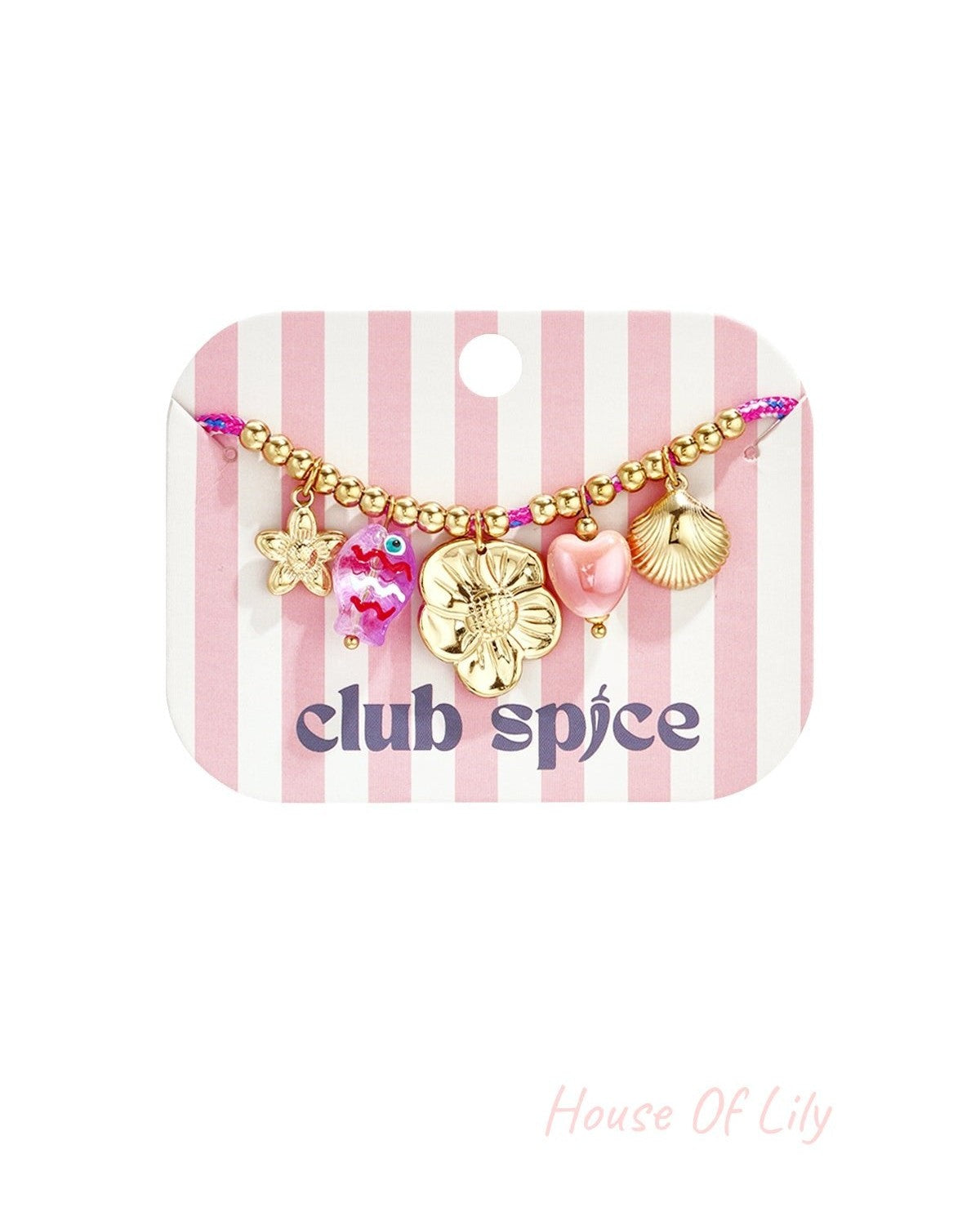 Pink rope charm bracelet with gold charms displayed on pink and white striped 'club spice' branded card.
