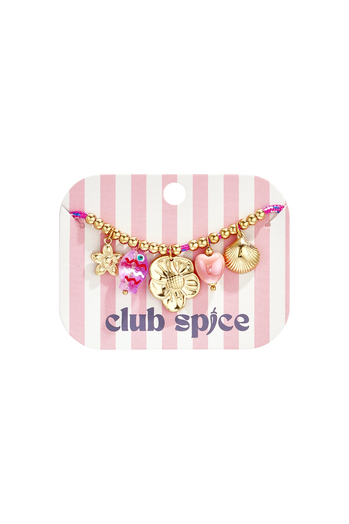 Pink rope charm bracelet with gold charms displayed on pink and white striped 'club spice' branded card.