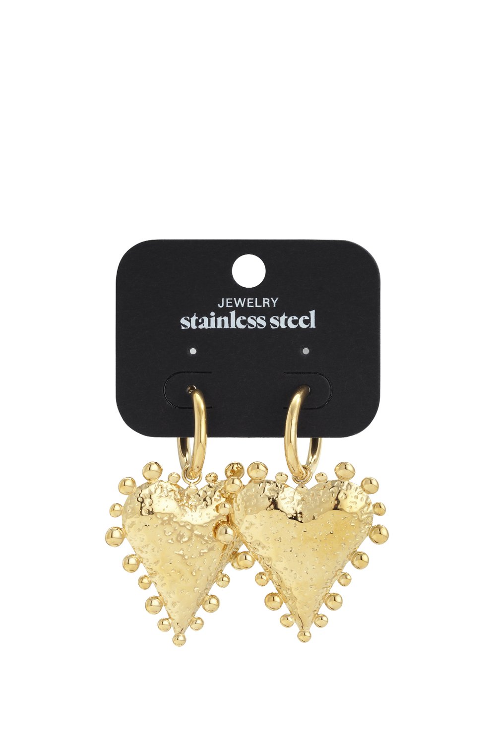 Gold stainless steel hoop earrings with textured, studded heart charms on a black display card.