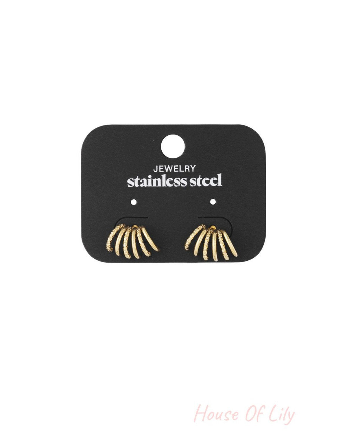 Fan Club Swirls: Pair of gold-tone stainless steel multi-hoop earrings with a textured, fanned swirl design.