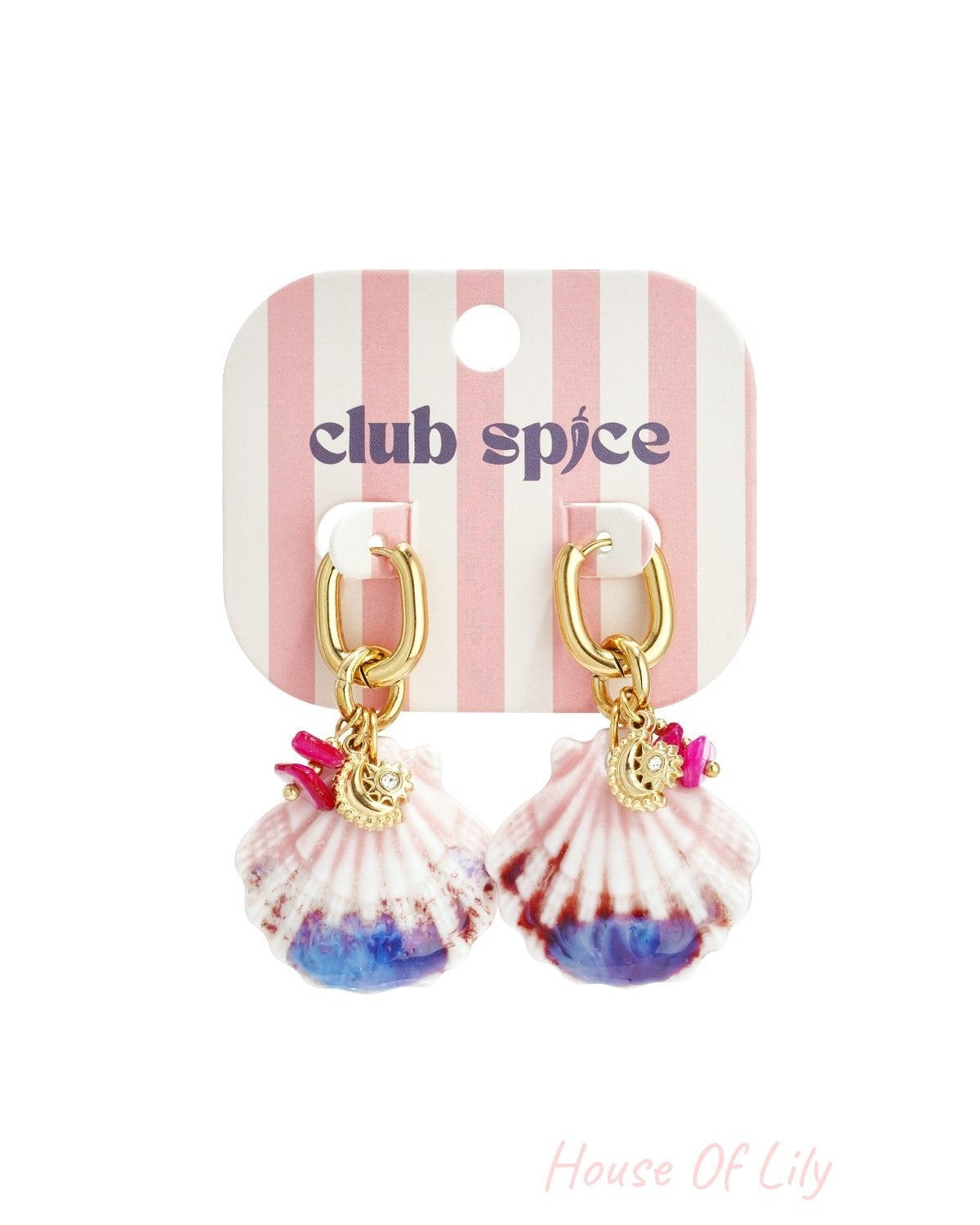 Gold hoop drop earrings with pink and blue hand-painted seashell charms displayed on a pink and white striped Club Spice branded card