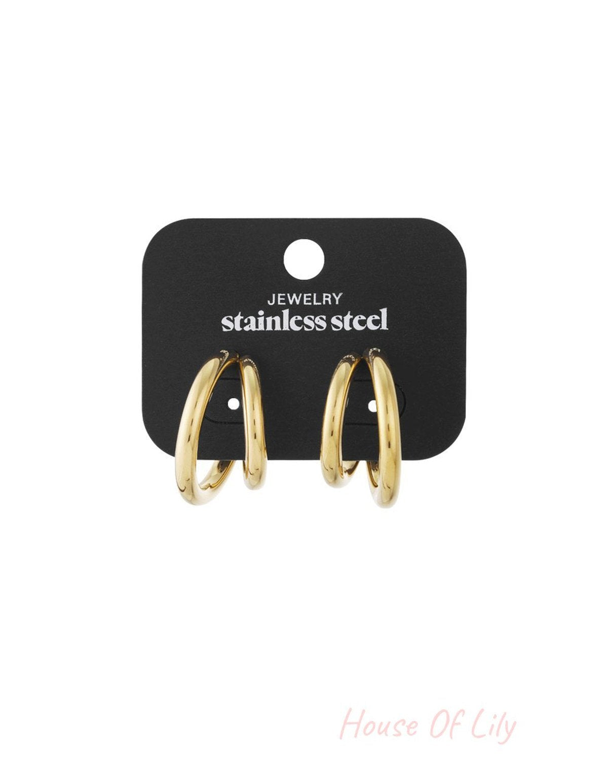 Y2K Glazed Disco Hoops: A pair of thick, polished gold-tone stainless steel hoop earrings on a black display card.