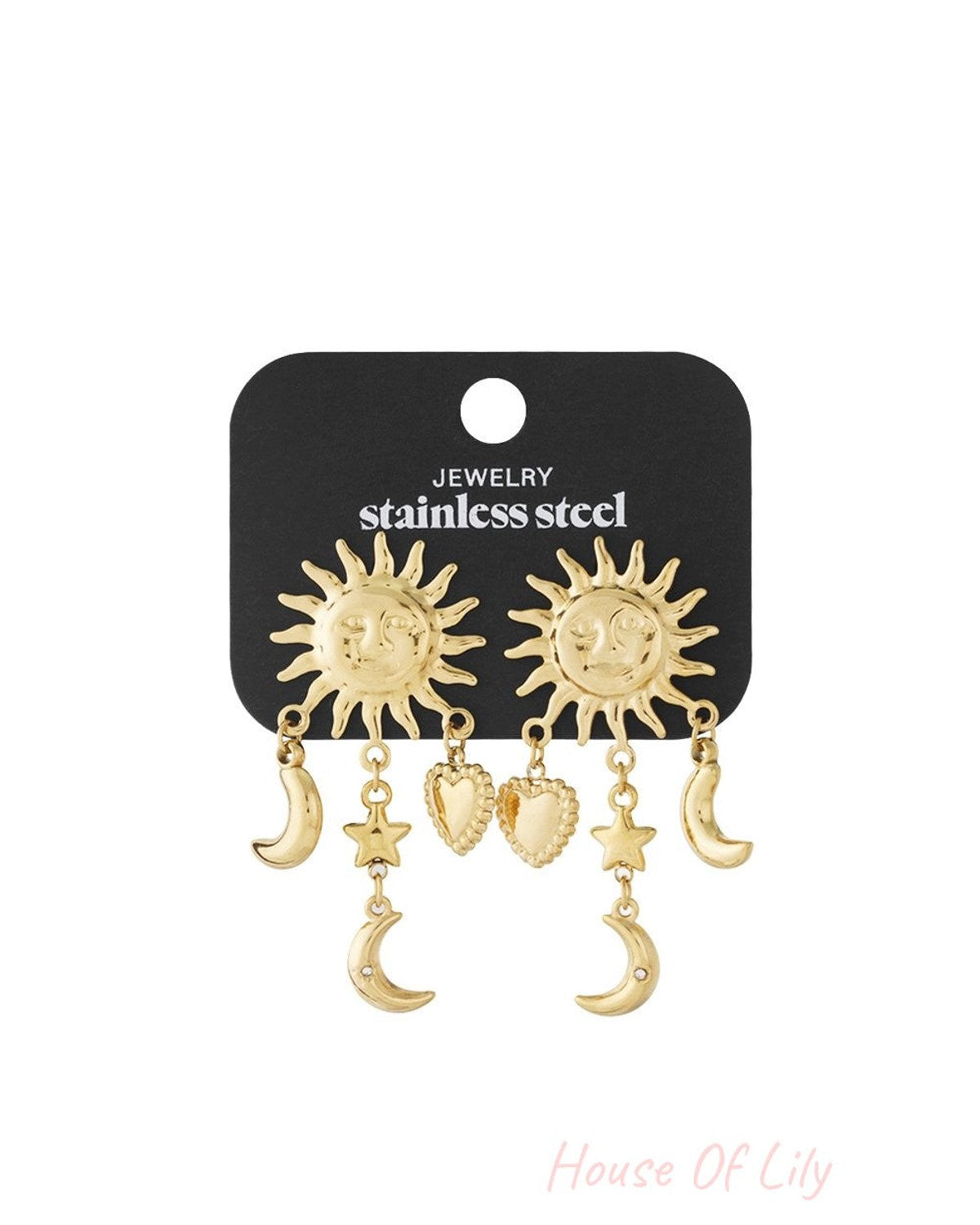 Gold Stargirl Charm Drop earrings in stainless steel featuring sun faces with dangling moon, star, and heart charms.