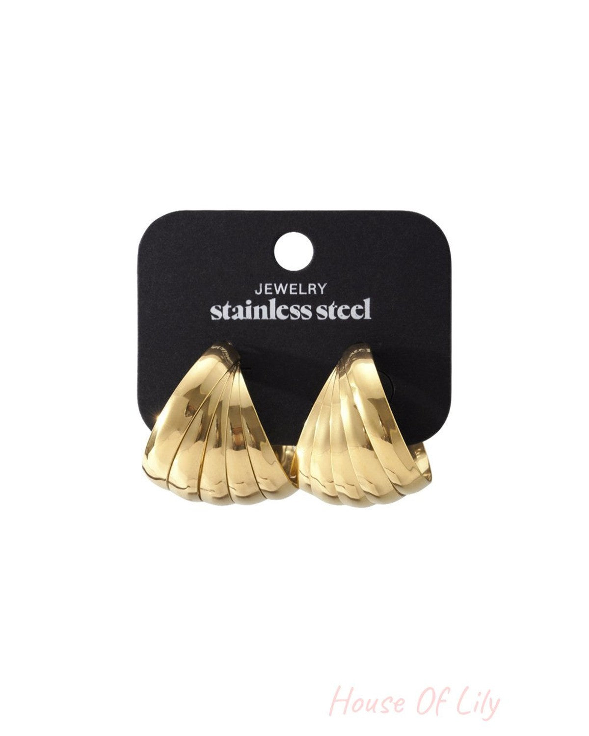Dopamine Drip Gold Hoops: Shiny, gold-toned stainless steel earrings featuring a tiered, fan-like sculptural design.