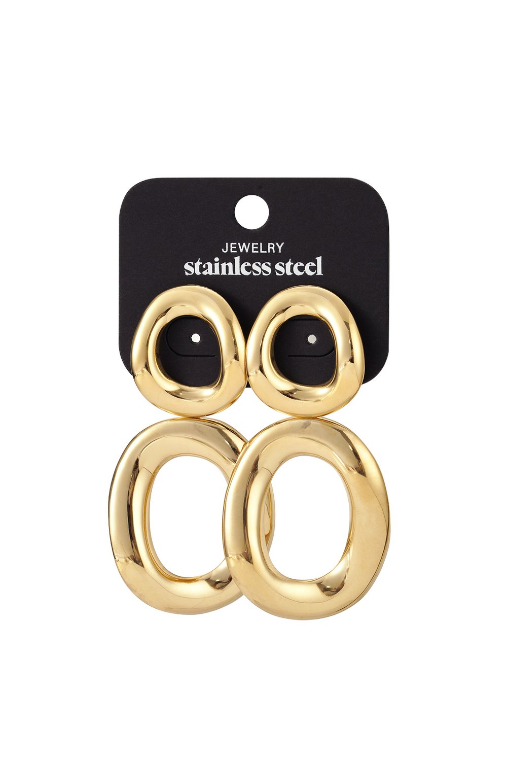 Main Character Twist Hoops: Gold-tone, twisted oval stainless steel earrings on a black display card.