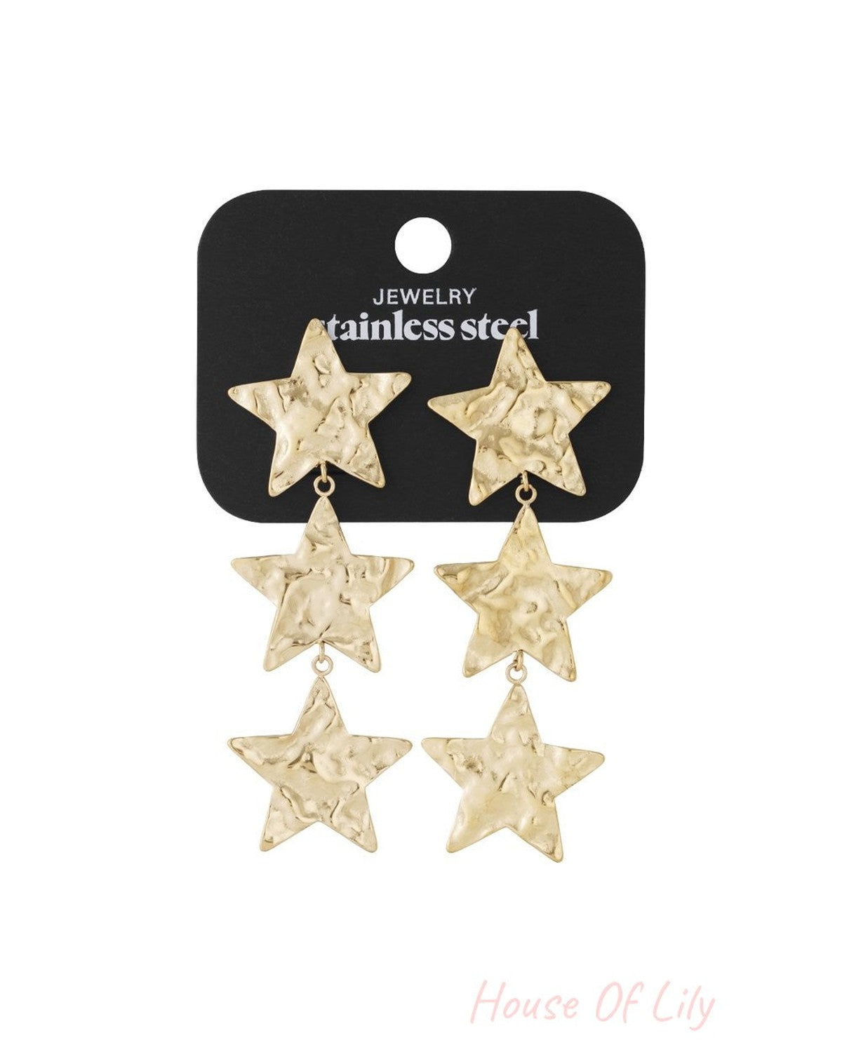 Gold-toned stainless steel drop earrings featuring three graduated, hammered-texture star charms in a vertical row.