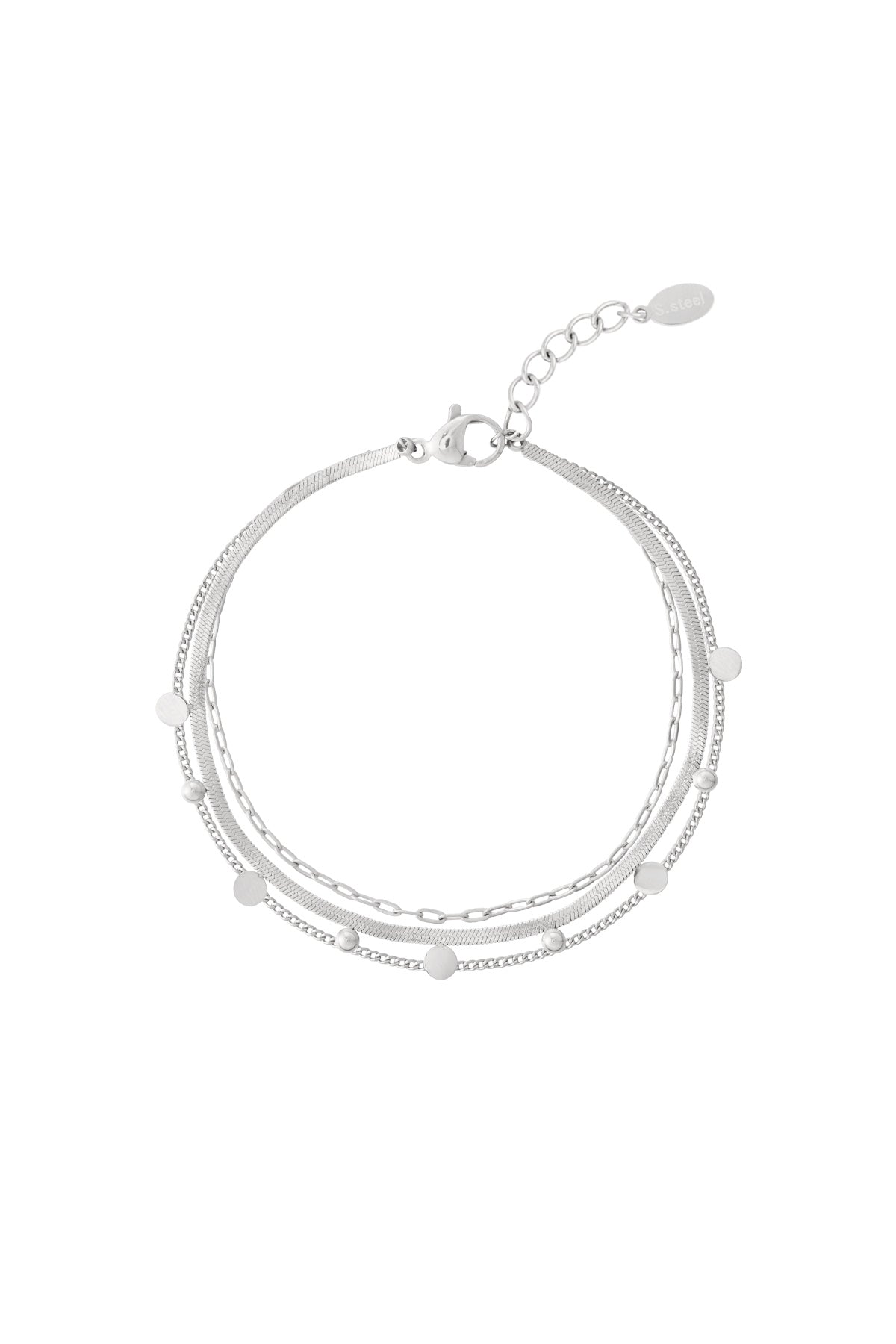 Close-up of a silver layered chain bracelet with small round dot accents and lobster clasp on white background