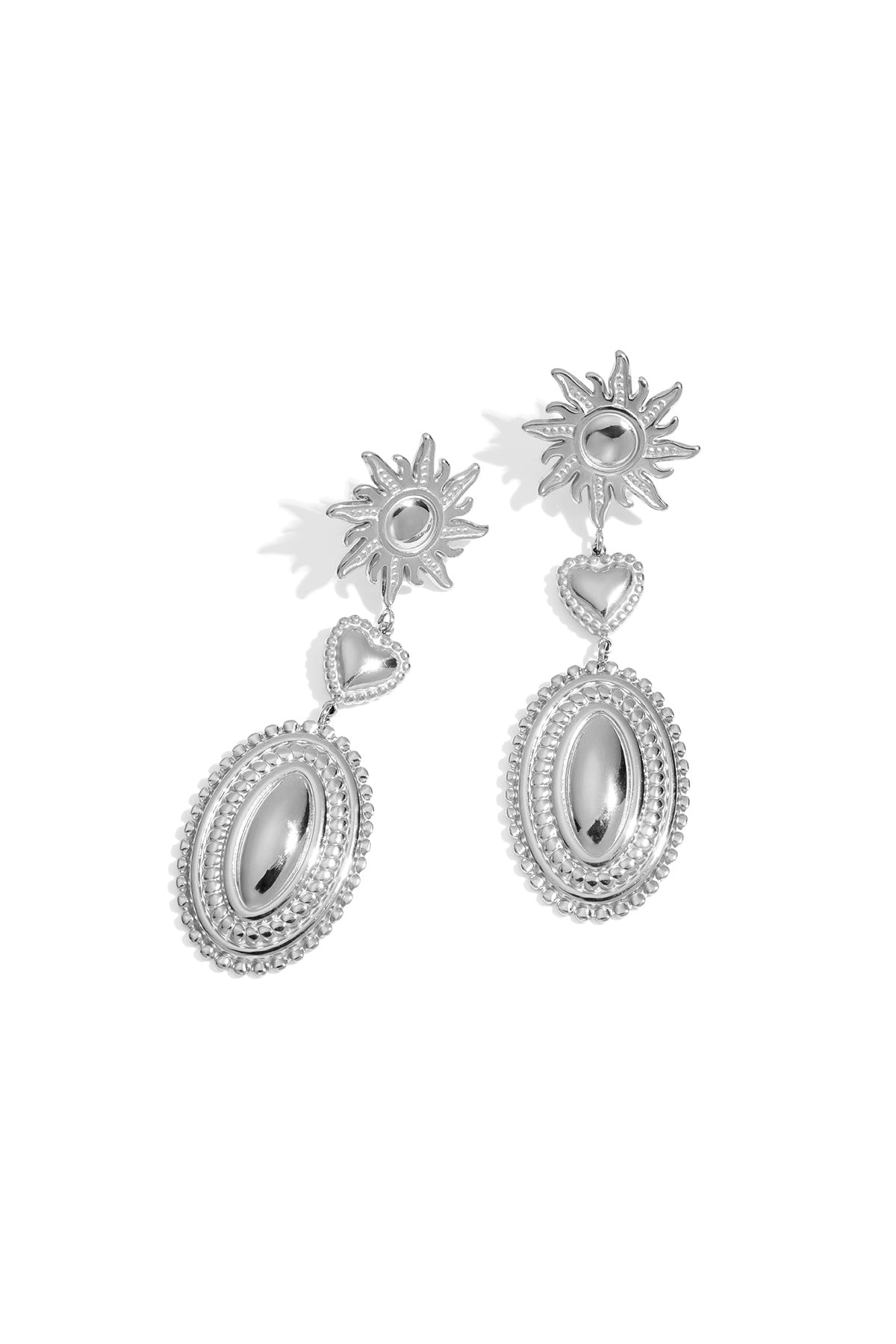Pair of silver dangle earrings featuring the same sun, heart, and oval motifs with decorative beaded edging.