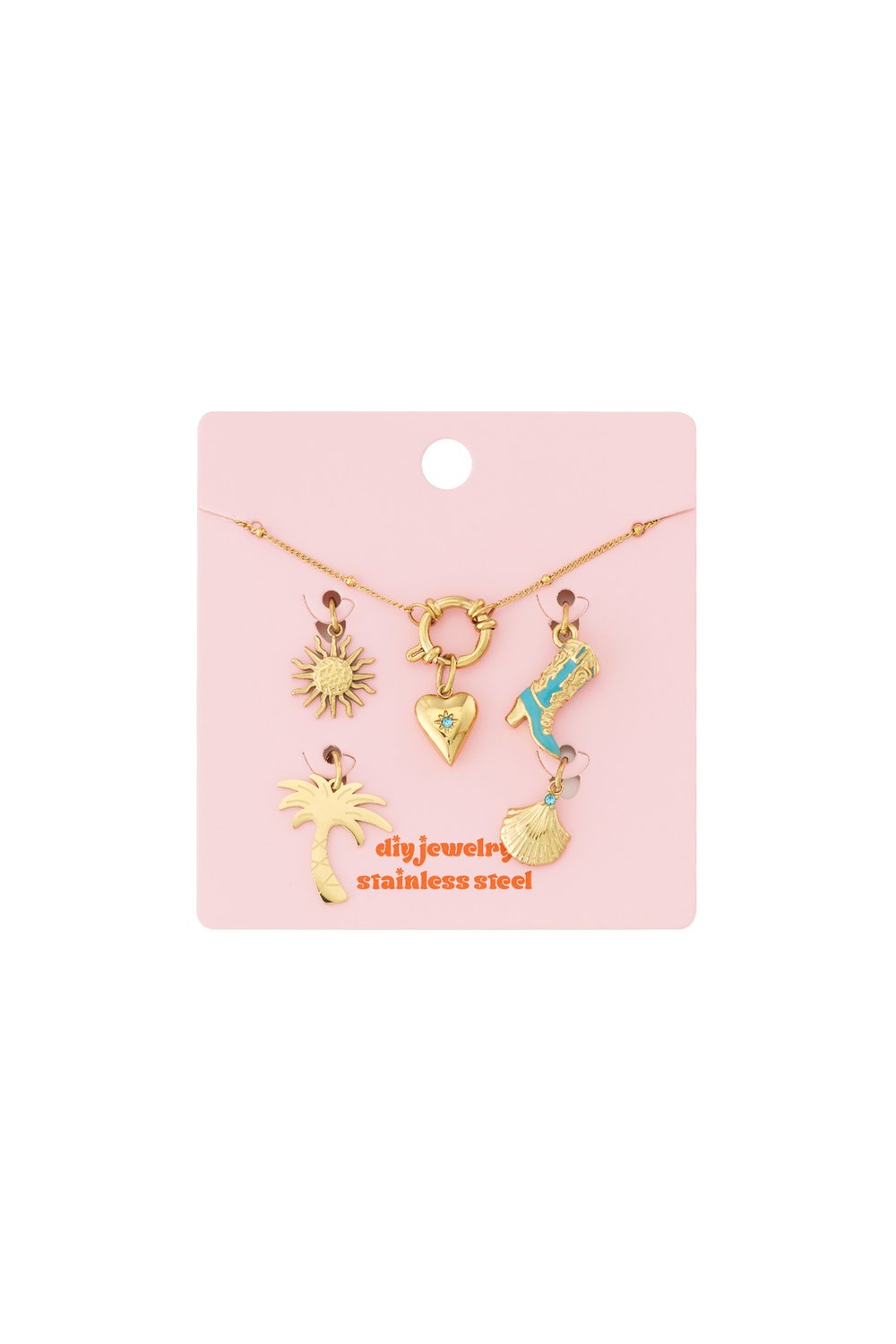 Gold-tone stainless steel chain bracelet kit with heart, sun, cowboy boot, palm tree, and seashell charms on pink card.