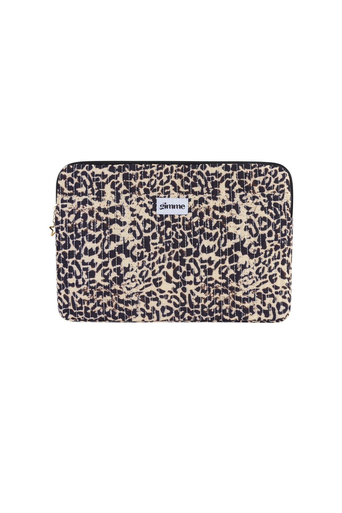 Quilted leopard print laptop sleeve with zip closure and star charm