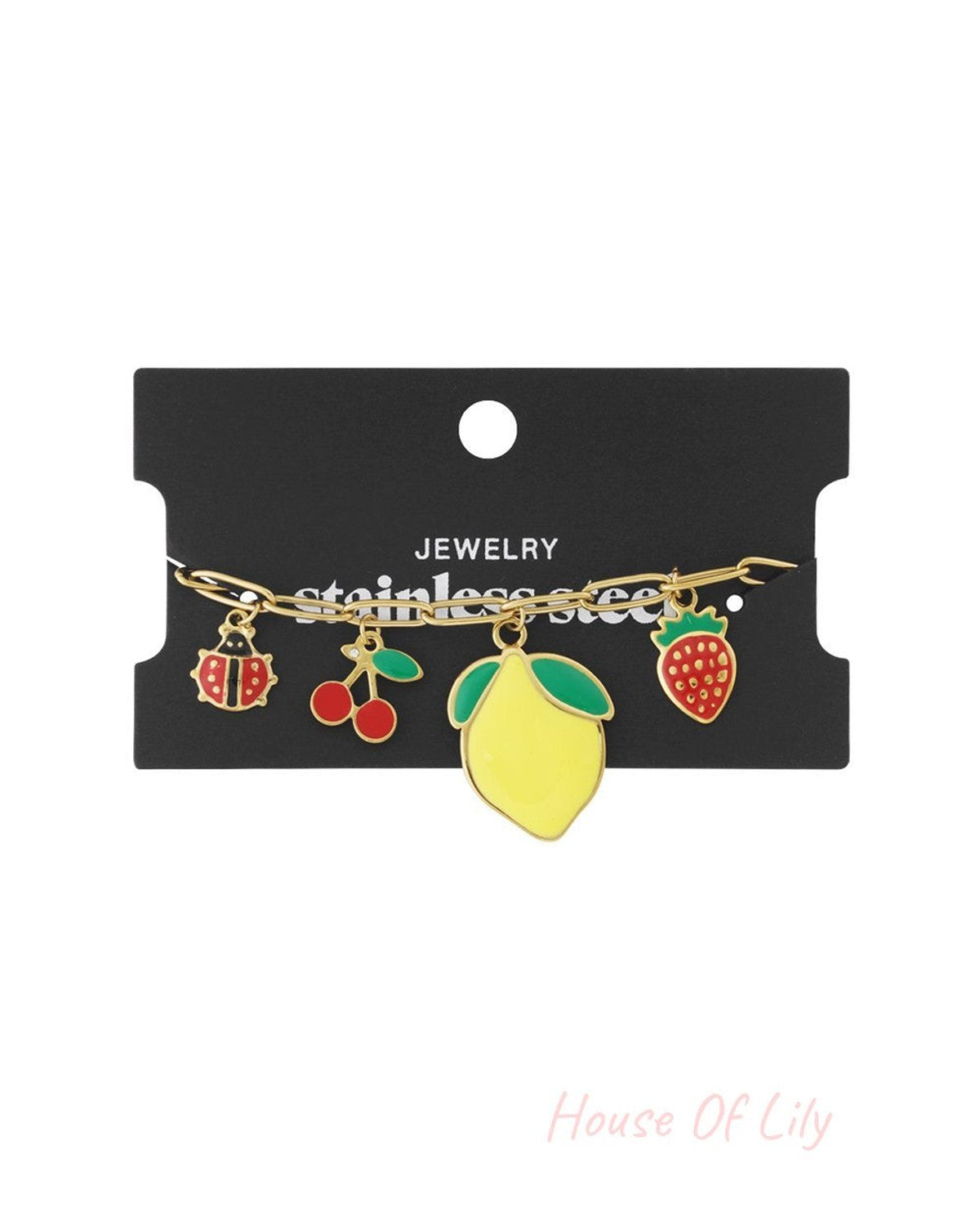 Gold stainless steel link bracelet featuring colorful enamel charms: ladybug, cherries, lemon, and strawberry.