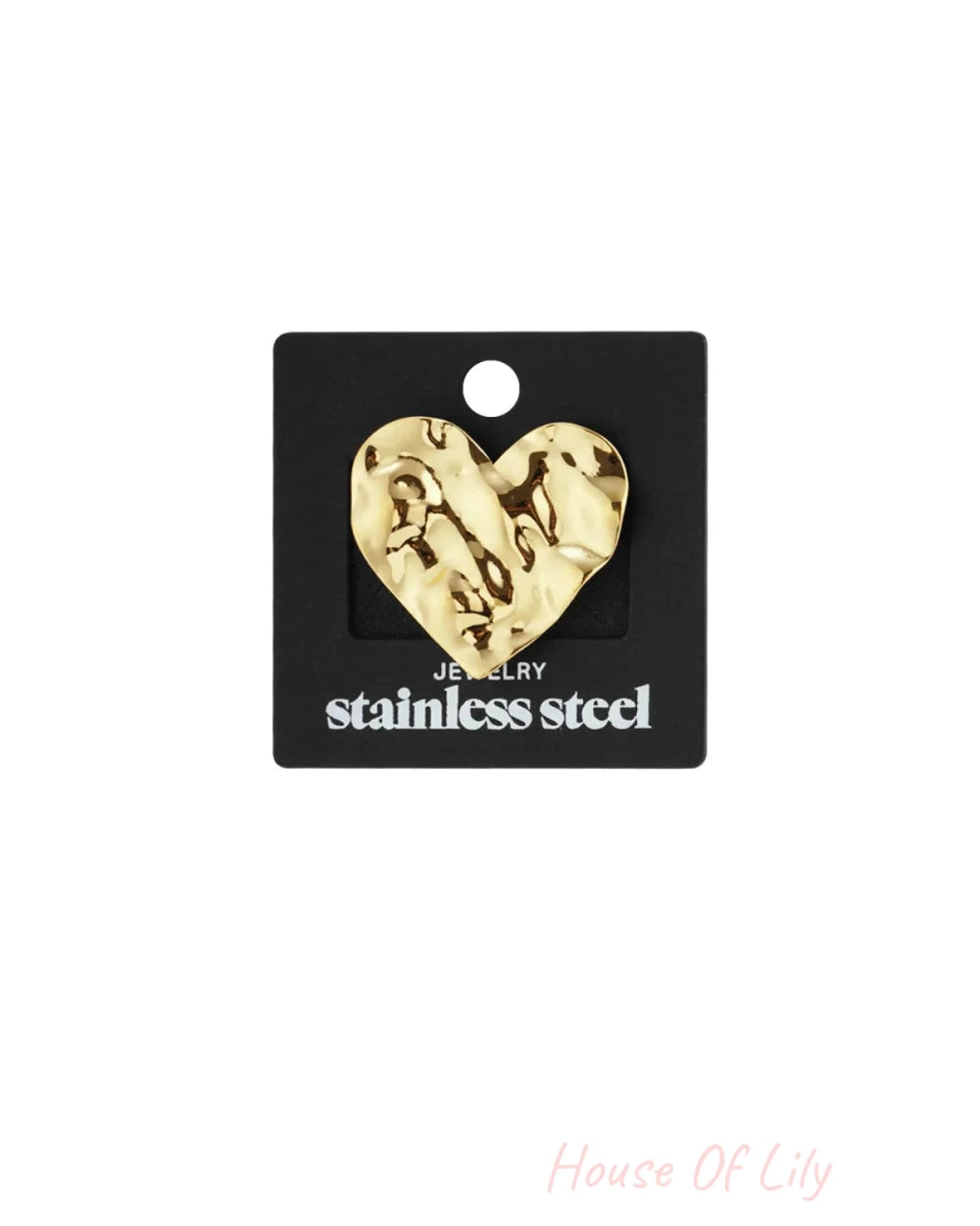 Gold-colored stainless steel heart-shaped pendant with hammered texture, displayed on a black cardboard backing.