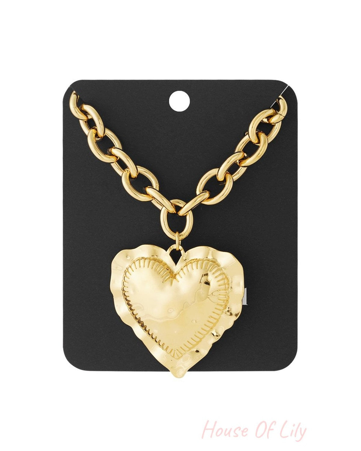 Gold-tone chunky heart pendant necklace featuring a textured, scalloped-edge heart on a thick link chain.