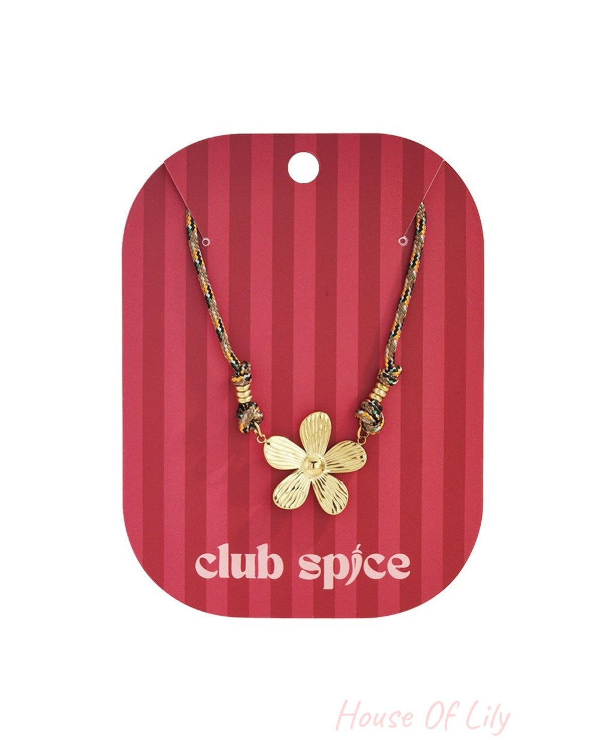 Bloom Baby Bloom necklace: a gold-toned flower pendant on a multi-colored cord with gold bead accents.