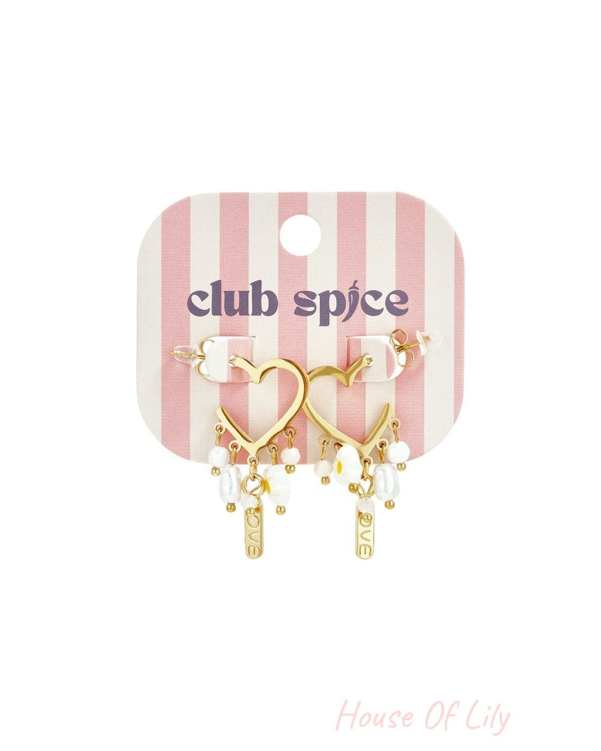 Gold heart-shaped drop earrings with white pearls and small "LOVE" charms on a pink and white striped display card.