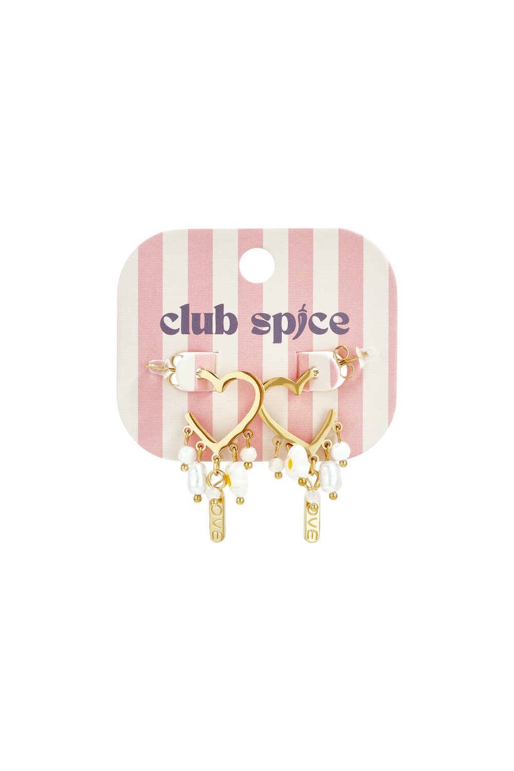 Gold heart-shaped drop earrings with white pearls and small "LOVE" charms on a pink and white striped display card.