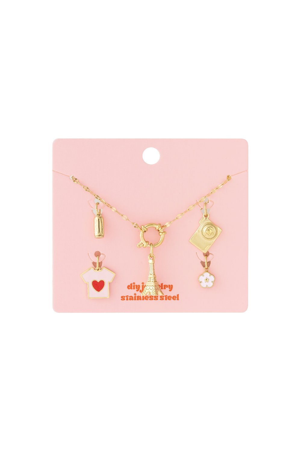 Parisian Main Character gold stainless steel charm necklace featuring Eiffel Tower, t-shirt, camera, and flower charms.