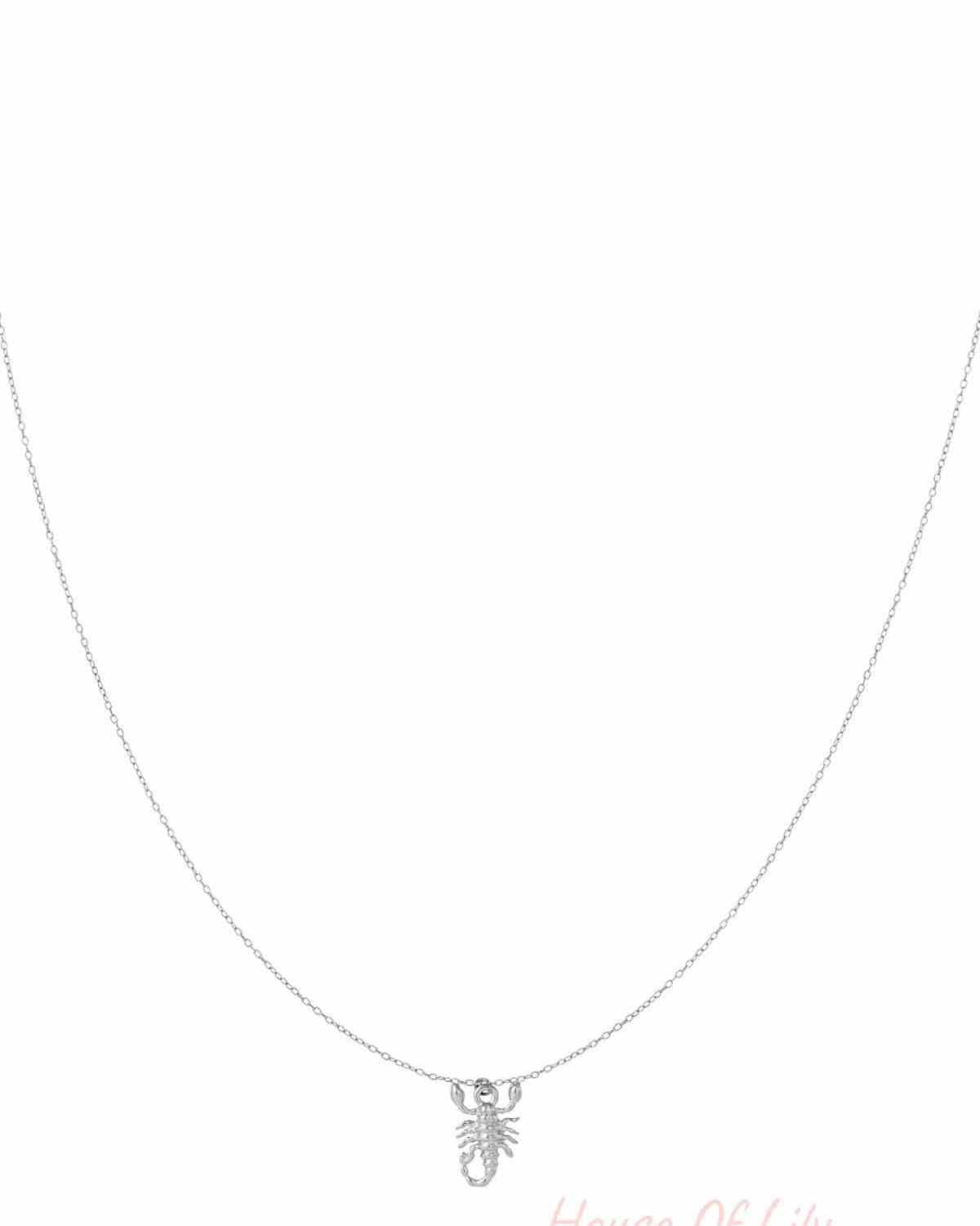 Silver Scorpio scorpion charm necklace on white background