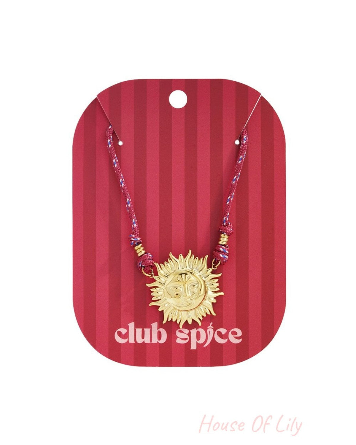Golden Sun Drip necklace featuring a gold sun face pendant on a multicolored red cord, displayed on a striped card.