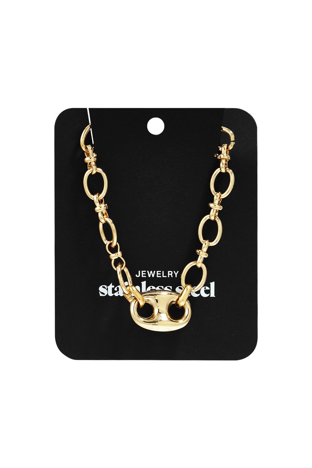 Golden Link Era: A gold-tone stainless steel chain necklace featuring elongated oval links and a central anchor charm.