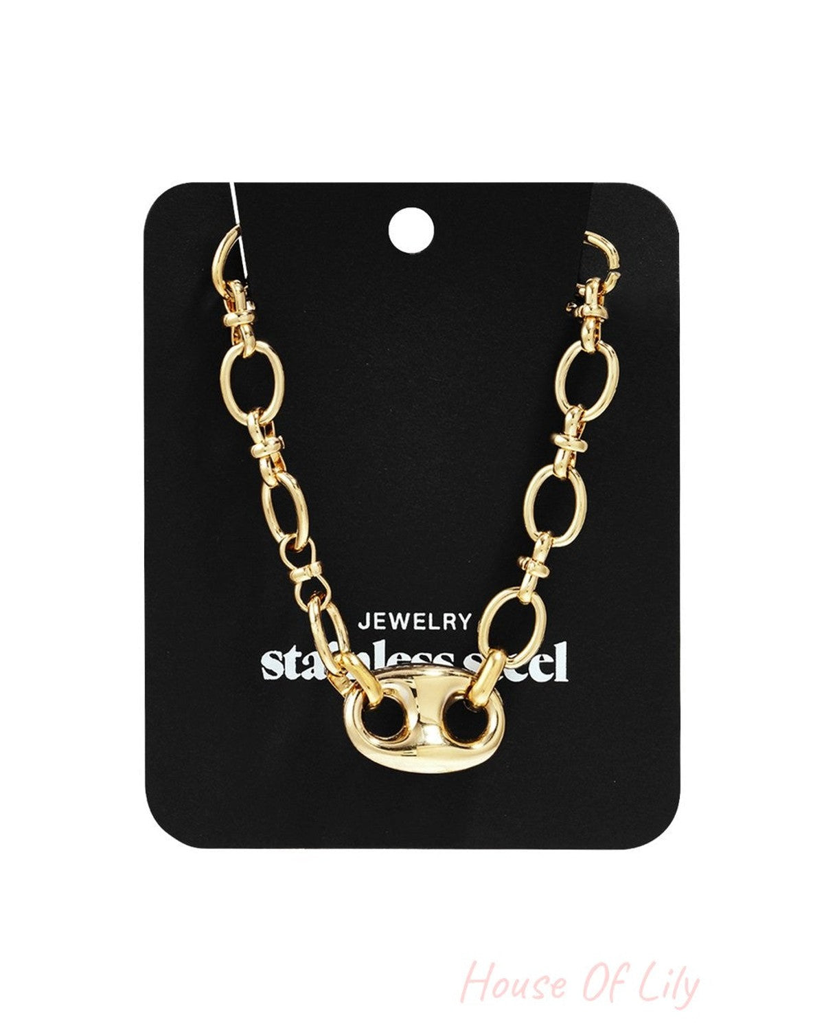 Golden Link Era: A gold-tone stainless steel chain necklace featuring elongated oval links and a central anchor charm.