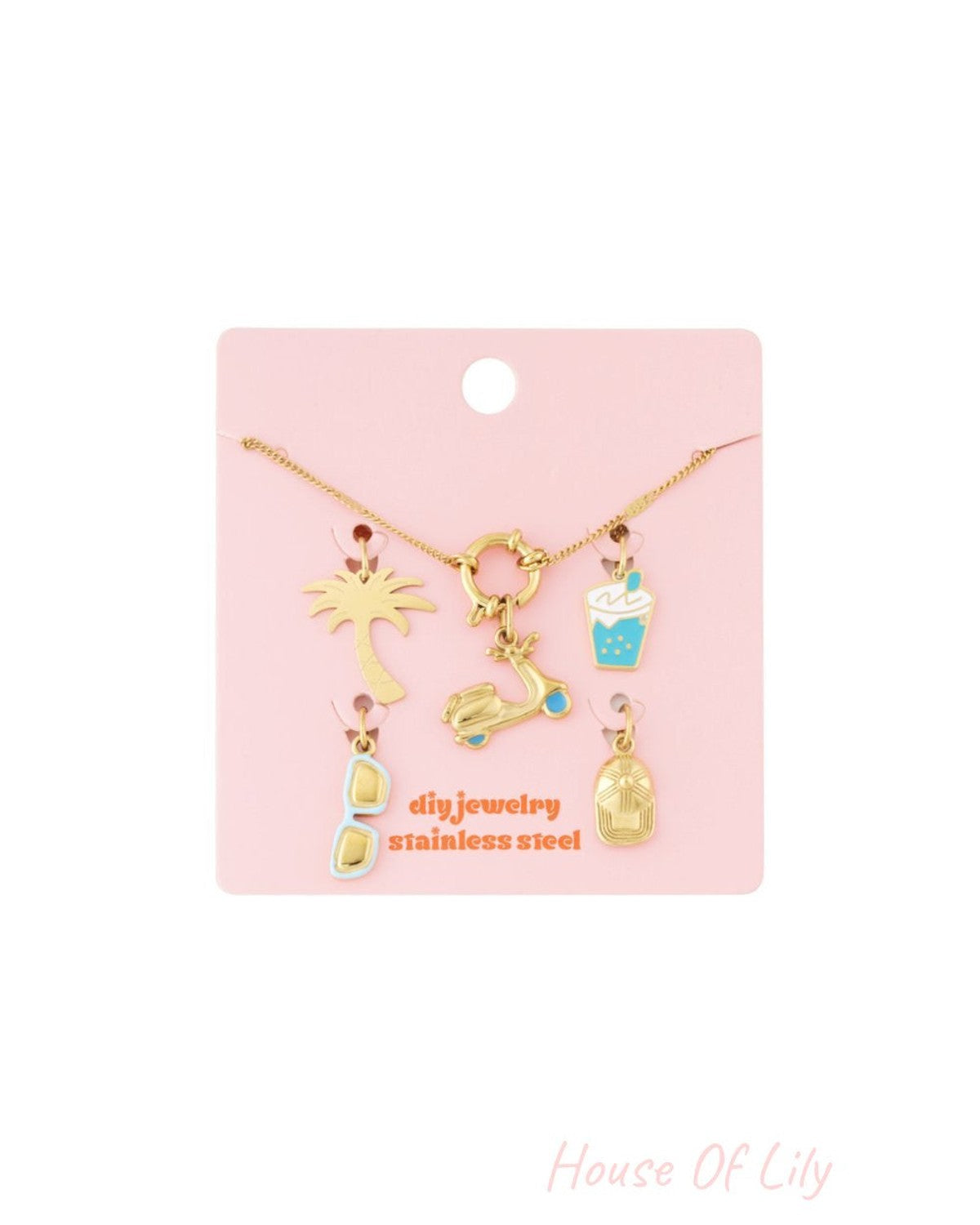 Sculpted Gold Charm Set II: Gold stainless steel necklace with summer-themed charms on a pink display card.