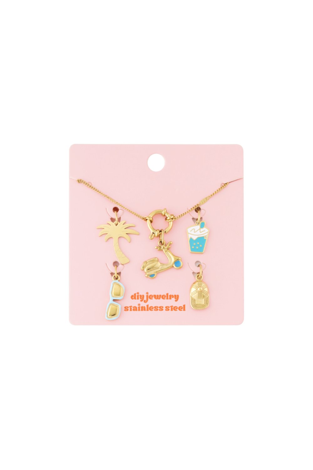 Sculpted Gold Charm Set II: Gold stainless steel necklace with summer-themed charms on a pink display card.