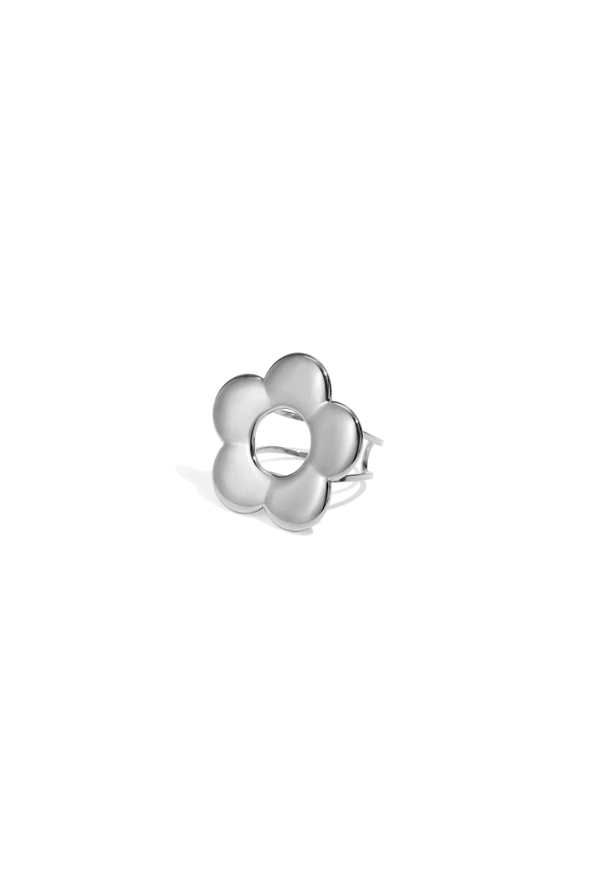 Silver flower-shaped adjustable statement ring with smooth polished finish