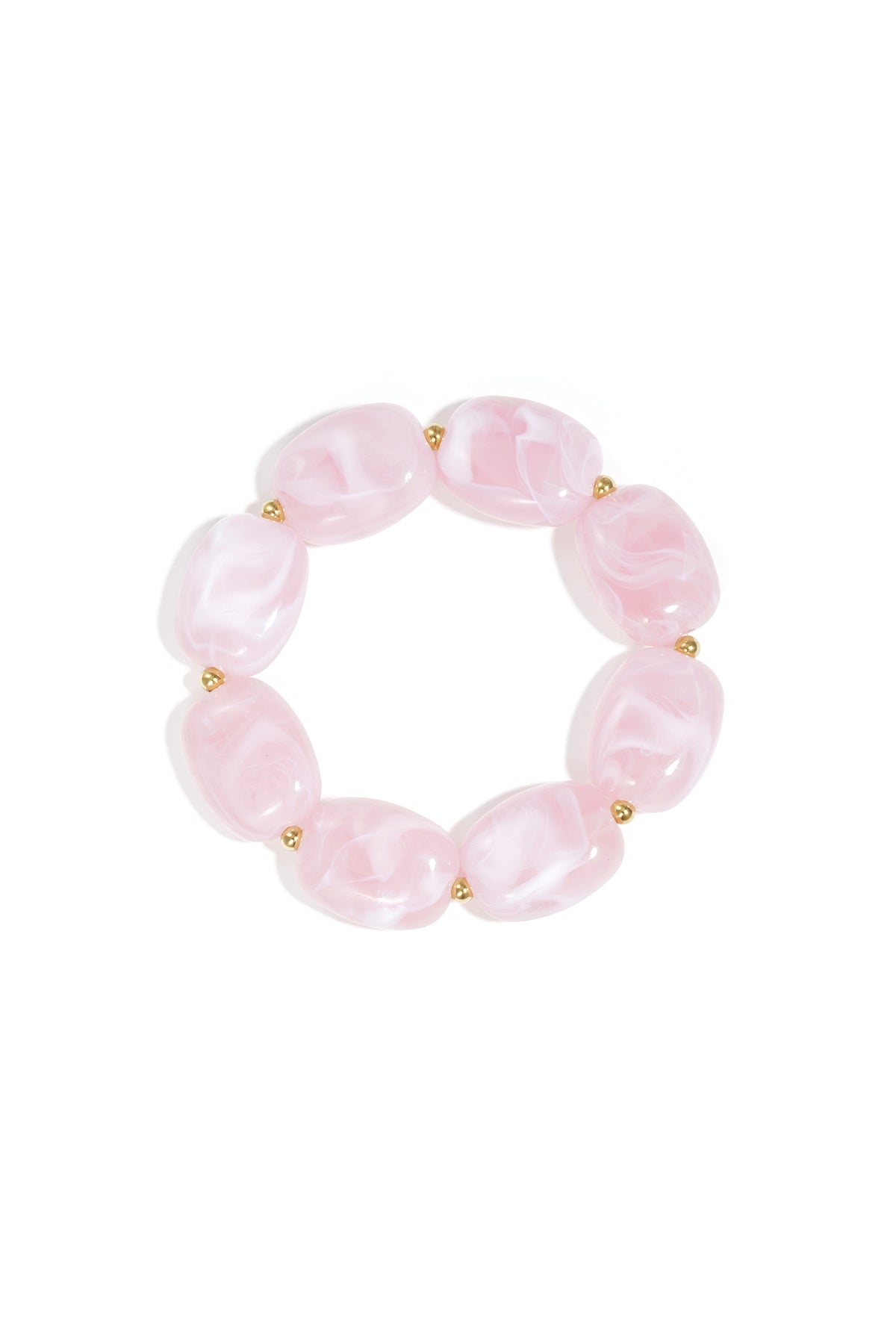 Swirled pink acrylic beaded stretch bracelet with gold-toned spacers displayed flat on white background