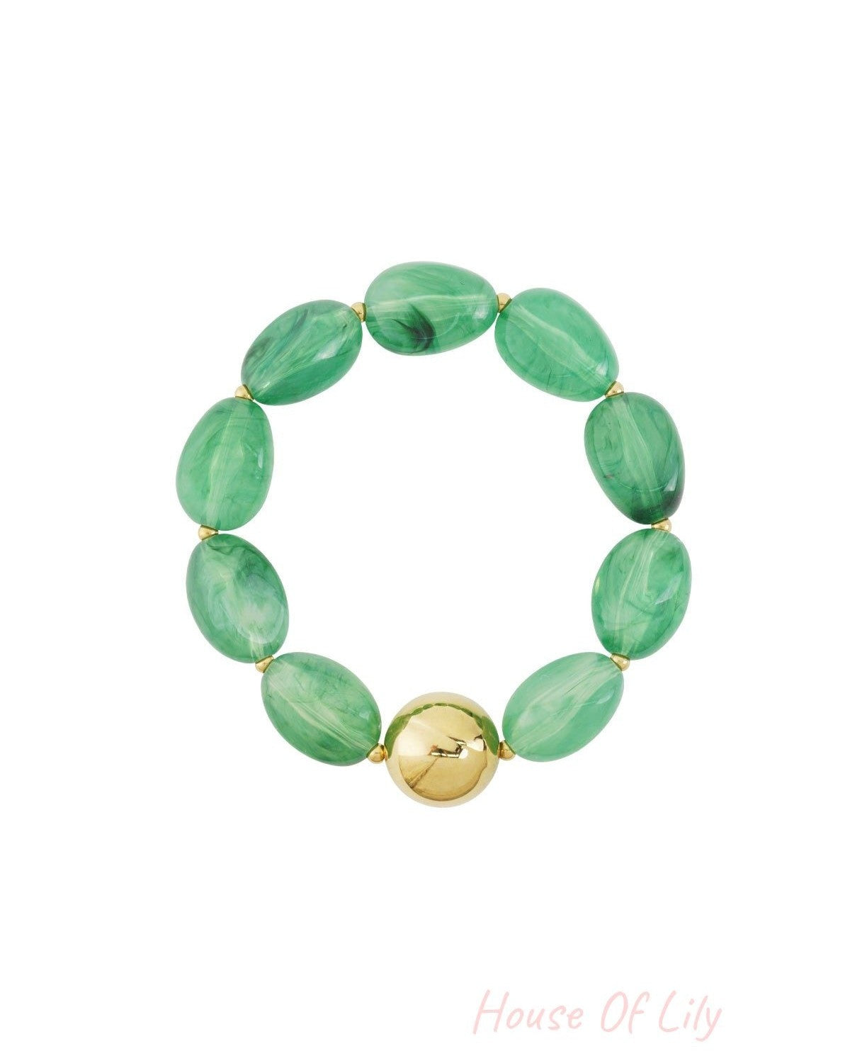 Light green marbled acrylic beaded bracelet featuring large shiny gold bead on white background
