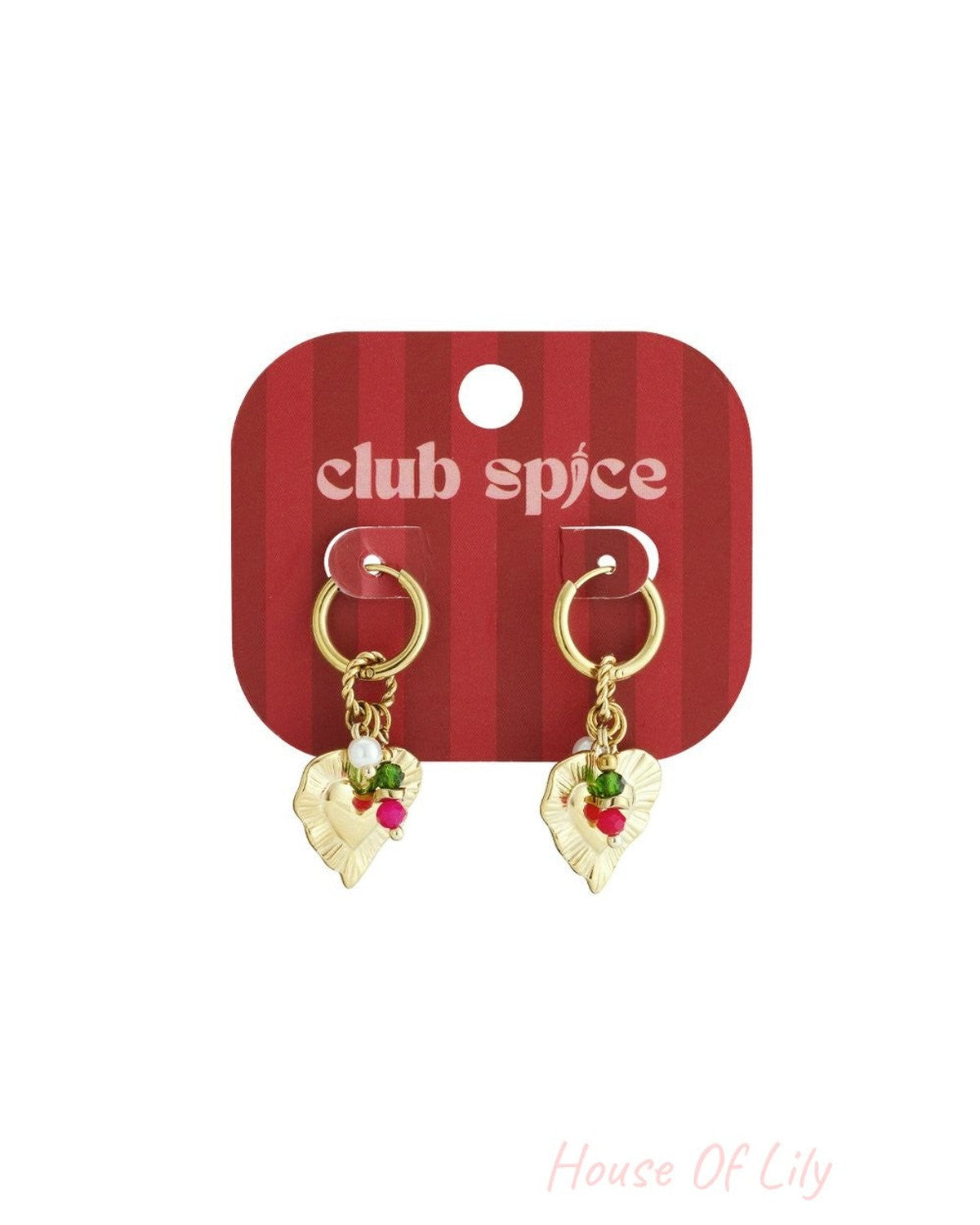 Gold hoop earrings with scalloped heart charms, accented with small white, green, and pink beads on a red display card.