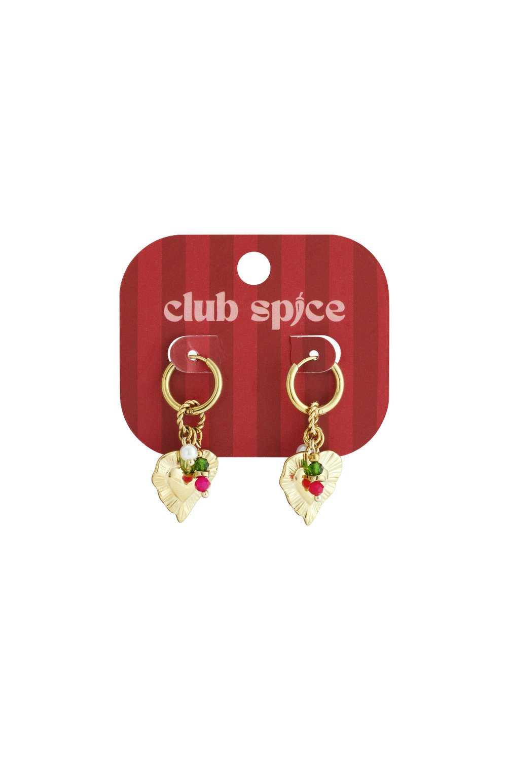 Gold hoop earrings with scalloped heart charms, accented with small white, green, and pink beads on a red display card.