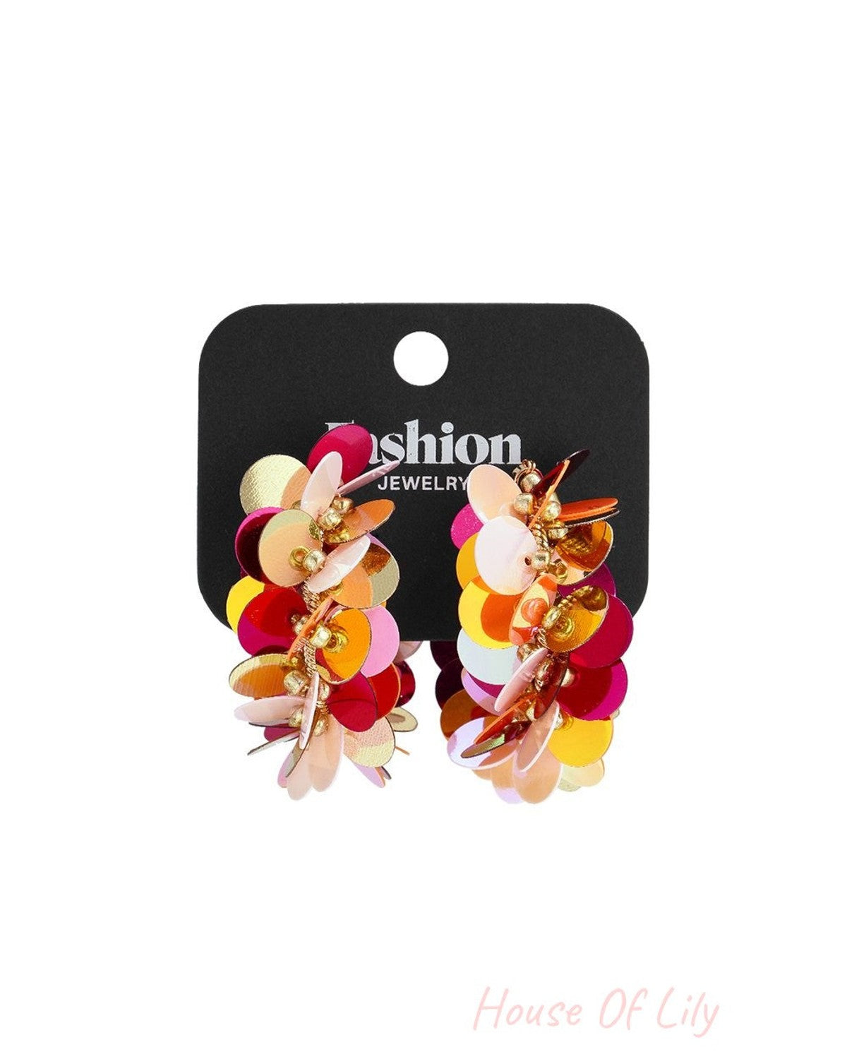Disco Glaze Party Hoops: Colorful, layered circular sequin dangle earrings in vibrant pink, orange, and metallic gold.