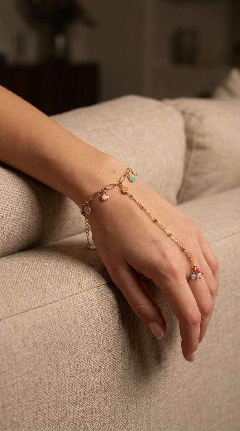 Woman's wrist wearing the 'Cool Vibe Chain' bracelet, relaxed on a beige sofa, highlighting its lightweight, adjustable chain and subtle elegance.