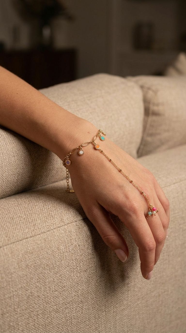 Woman's wrist wearing the 'Cool Vibe Chain' bracelet, relaxed on a beige sofa, highlighting its lightweight, adjustable chain and subtle elegance.