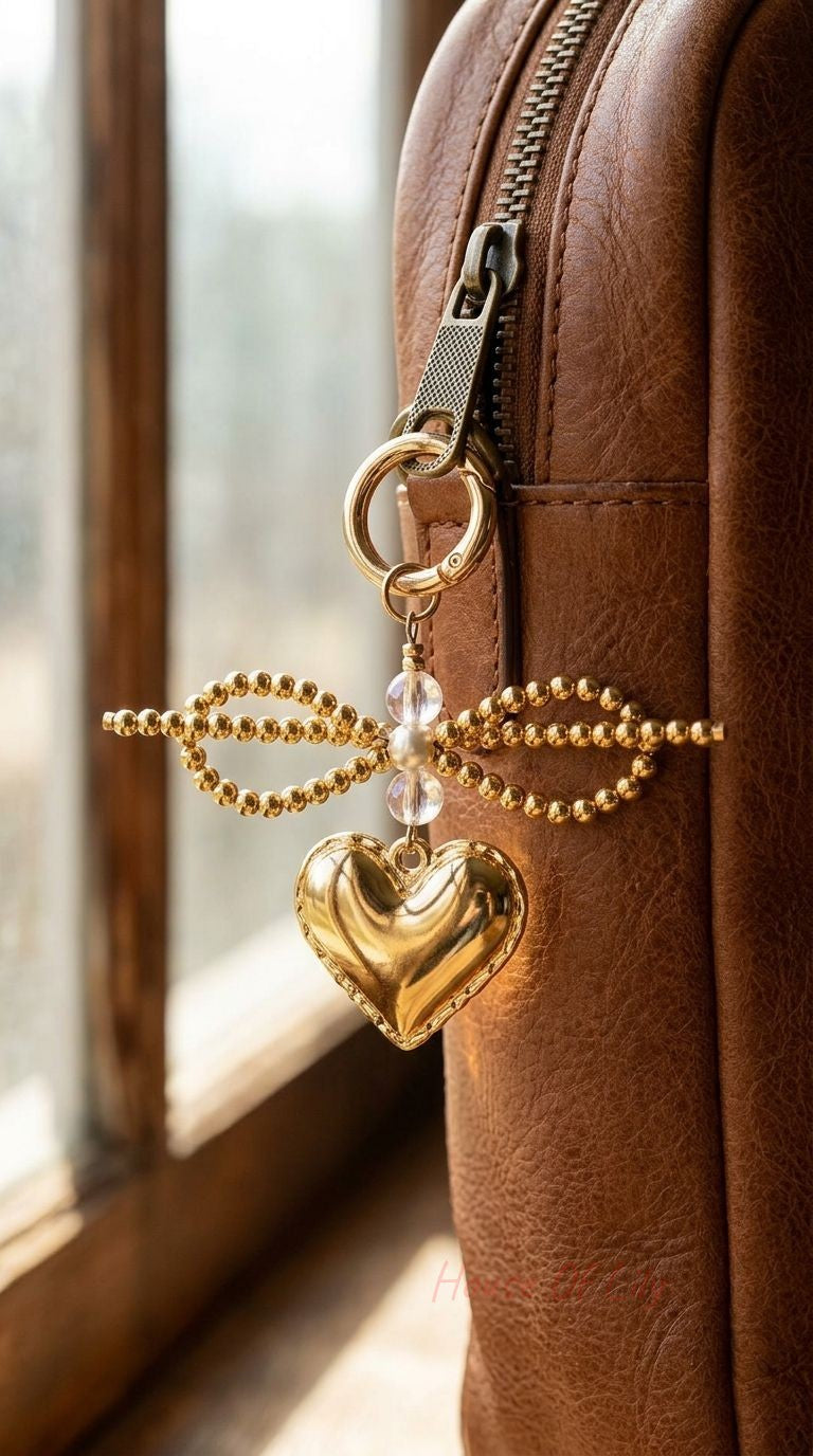 Golden Heart Bow Keychain hanging from a leather bag zipper, featuring a shiny heart pendant and beaded bow in a rustic setting.