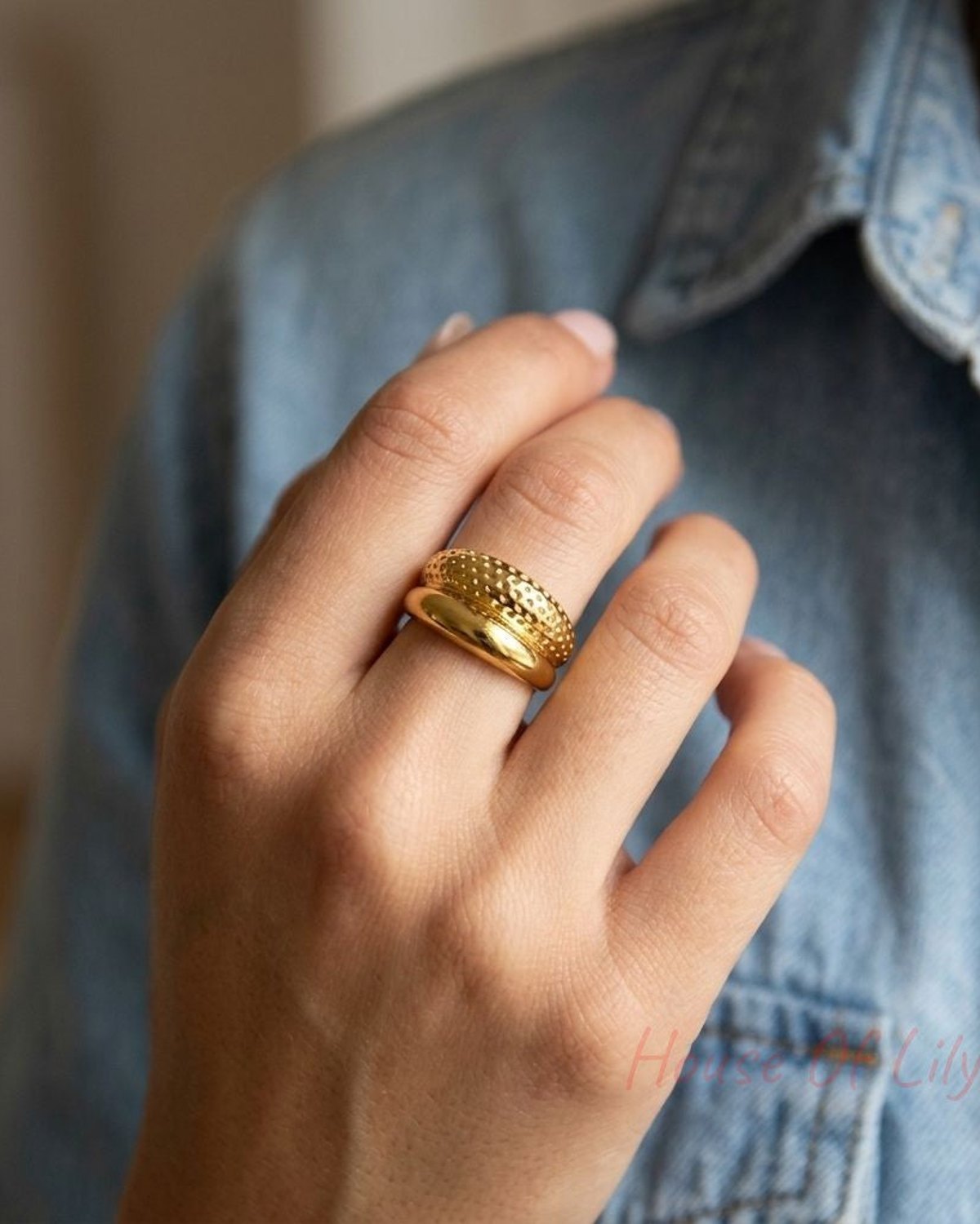 Delicate stainless steel Golden Retro Duo ring with vintage circular design on natural wood surface, soft natural light, close-up shot.