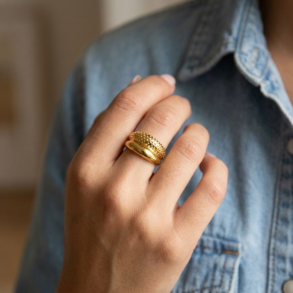 Delicate stainless steel Golden Retro Duo ring with vintage circular design on natural wood surface, soft natural light, close-up shot.
